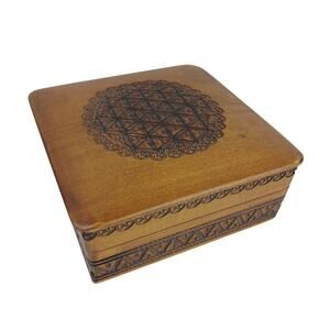 Vintage Polish Handcrafted Wooden Box Central European Pyrography Design